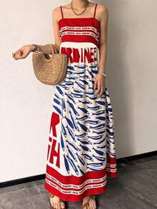 Đầm đi biển phong cách Bohemian cỡ lớn mùa xuân/hè, đầm nghỉ mát nhiệt đới đa năng với dây đeo vai, họa tiết chữ và cá mòi, đầm chữ A cho mùa tựu trường, tiệc thu, thanh lịch - Nhiều màu - Xem 3