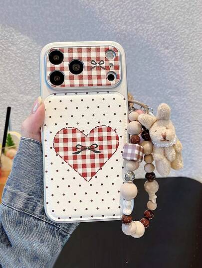 Burgundy Polka Dot Plaid Heart Phone Case Suitable Compatible With Iphone 17 Pro Max, New 16 Elegant Design, 14 Pro With Wrist Strap, 15 Super Stylish, 13 Leather Full Coverage Anti-Fall, Women