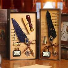 1 Set Gift Box Includes Stamp, Wax Seal, Feather Pen - Jubaboz Calligraphy Pen And Ink Pen Set, Dip Pen, Mechanical Gear Dip Pen, Goose Feather Pen Made Of Goose Feather, Themed Set, Birthday Gift, Holiday Gift - Multicolor - View 3