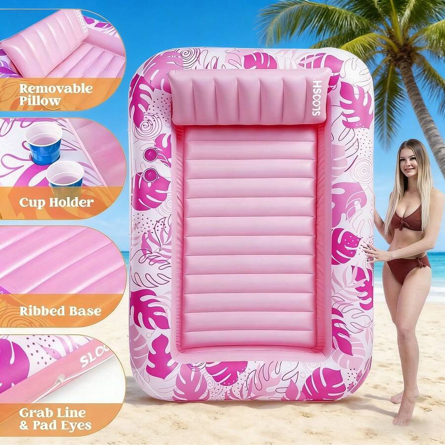 1 pièce Chaise longue gonflable à imprimé tropical, chaise flottante d'eau portable avec porte-gobelet et oreiller amovible, base nervurée confortable, flotteur de piscine, convient pour la piscine, le patio, les fêtes de plage, le jardin, les loisirs d'été