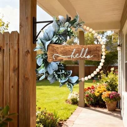 1pc | Ins Style | Hello Wood Sign | Blue-Green Eucalyptus Leaves | Wooden Beads & Rattan Wreath, Door Hanging Floral Wreath, Home Decor, Wedding, Window Display, Wall Decor