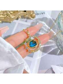 [Elegant Necklace] Elegant Golden-Tone Stainless Steel Celestial Planet Pendant Necklace For Women|   Sparkling Synthetic Zirconia Crystals, Blue & Clear Gemstone Design For Daily Wear & Parties, Valentine's Day Gift - 金子 - 查看 2