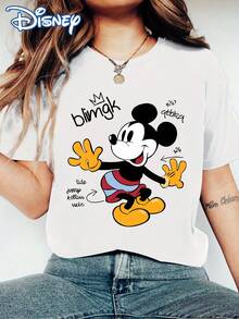 Disney!  And Cool Hand-Painted Mickey Print Women's T-Shirt, Casual And Fashionable Round Neck Short Sleeve Summer Top, Sweet Academic Style Sweatshirt, For Outdoor And Daily Casual Wear - 白色 - 查看 1