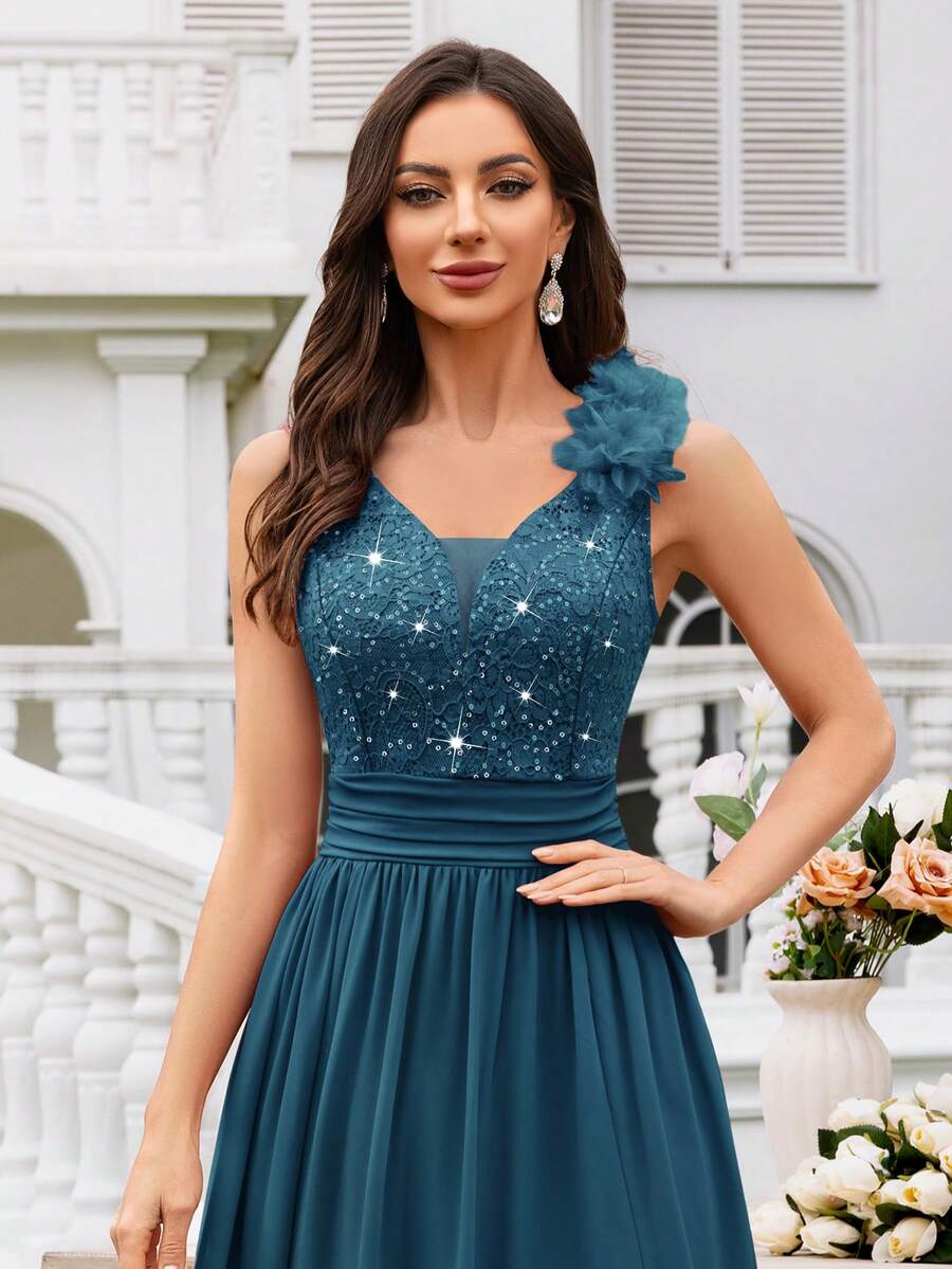 MIUSOL Vestido maxi formal de fiesta con cuello de corazón, sin mangas, con volantes de gasa con abertura y encaje con lentejuelas, vestido de noche formal, adecuado para invitados de boda, ceremonia de graduación, gala y otras ocasiones elegantes de verano