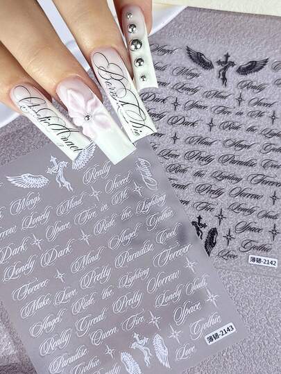2PCS Charm Nail Stickers Black White String Of Letters Angel Wings Design Slider Holographic Self-Adhesive Decals DIY Manicure Accessories Tool Nail Supplies