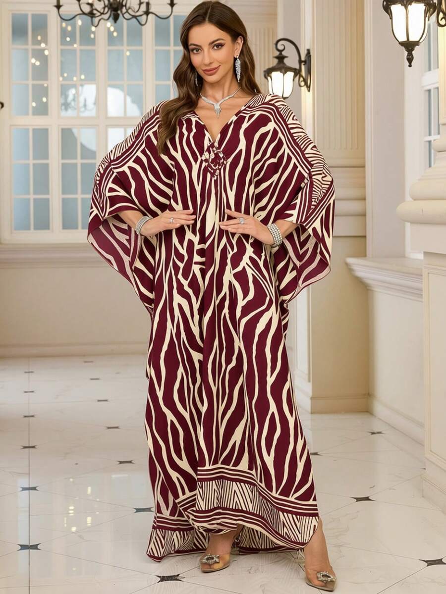 Women's Leopard Print Batwing Sleeve Loose Robe, Bohemian V-Neck Long Robe Dress Spring - Multicolor - View 1