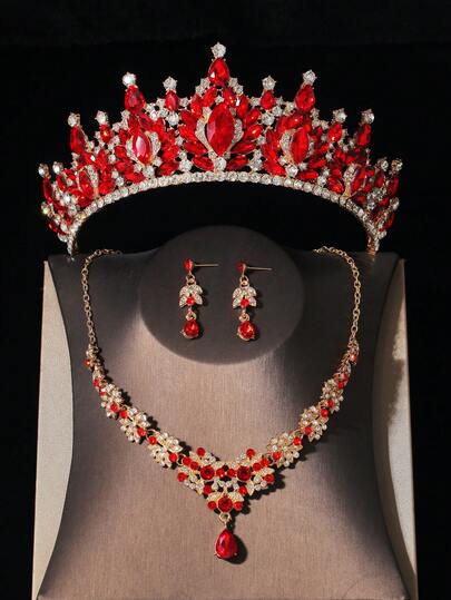 1 Set Bridal Accessories, Red Crystal Embellished Luxurious Crown, Necklace, Earrings 4pcs Wedding Jewelry Set, Suitable For Wedding Gown, Gold Gala, Wedding Party