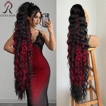 40-Inch Clip-On Ponytail Wig - Black & Red Highlights Long Wavy Curly Hair, Stable Clip Design, Romantic Wavy Texture, Multi-Layer Fluffy & Natural, Suitable For Daily, Party & Photo Shooting. This Elegant & Voluminous Hair Accessory Is Perfect For Halloween And Christmas Parties, Matching Various Skin Tones. A Must-Have Item For Fashion Enthusiasts.