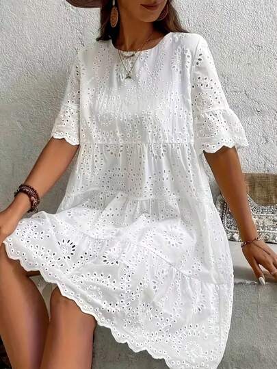 Plus Size Women Solid Color Embroidered Vacation Dress Elegant
