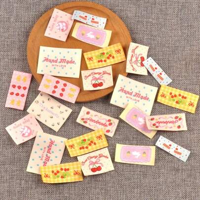 20pcs 2.5-5cm Mixed Color Cherry/Dessert Pattern Fabric Labels, Edging Trim, DIY Sewing Accessories For Bags, Hats, Scarves, Clothing