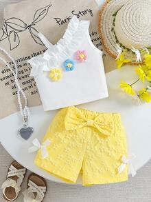 Cute Girl's Fashion Asymmetric Shoulder Floral Decor Top, Paired With Bow Tie & Elastic Waist Shorts Set, Suitable For Summer & Autumn, Baby Clothing, Girls Summer Outfit - Yellow - View 3