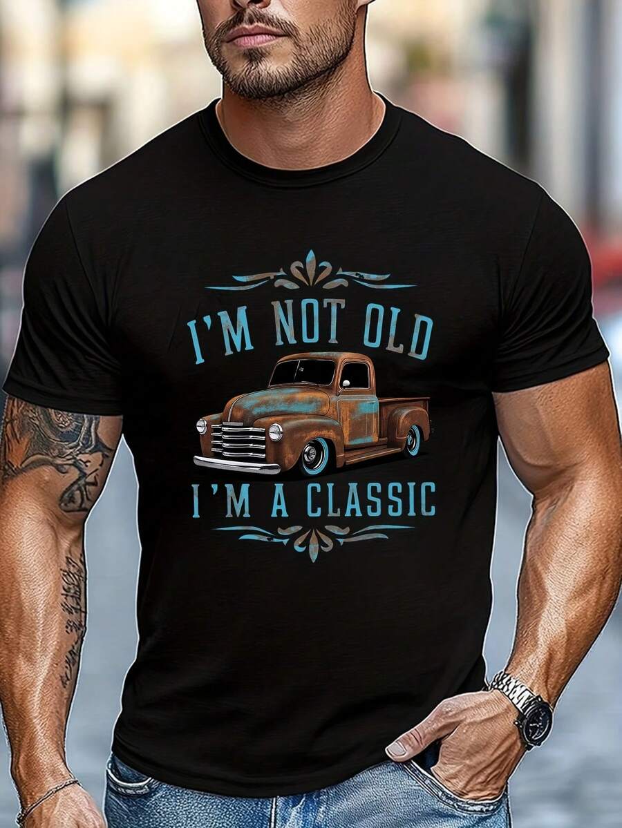Men's Plus Size Comfortable Fashion T-Shirt, Vintage Truck Graphic Tee, Classic Car Print Top, All Season Wear, Casual Gift For Dad, Husband, Grandpa, Retro Style, Short Sleeve, Crew Neck, Everyday Wear, Humor Apparel, Birthday Gift Idea - màu đen - Xem 1