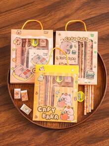 1/6pcs Capybara Stationery Gift Set, Includes Ruler, 2 Pens, Pencil Sharpener, Eraser, Small Notebook, Exquisite Stationery Gift Box, Doodle Set, Art Set And Writing Set - Multicolor - View 2