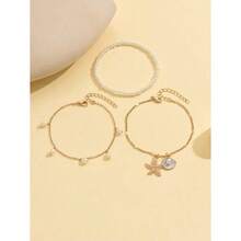 3pcs/Set White Pearl Tassel Sea Star Shell Pendant Anklet Gold Color Multilayer Women Foot Jewelry, Suitable For Daily Wear And Vacation - Multicolor - View 2