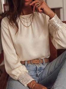 EARO Women's Casual Versatile High-End Satin Cuff Beaded Splice Round Neck Backless INS Pullover Blouse - Apricot - View 1