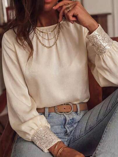  EARO Women's Casual Versatile High-End Satin Cuff Beaded Splice Round Neck Backless INS Pullover Blouse