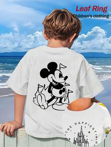 Disney The Happiest Place On Earth - Castle Kids T-Shirt, Featuring Black And White Lines Of Mickey Mouse And The Silhouette Of The Castle, A Classic Element Combination T-Shirt Print Pattern Summer Tops,Short-Sleeved Casual And Cute Style  Children's Clothing Design, Boy Clothes For Kids ,Ropa Para Niños,Boy Clothes For Kids,Graphic Tee, Summer Clothes,Perfect For Cool Boy. Comfortable And Breathable Children's Short-Sleeved T-Shirt. Comfortable And Casual Wear All Year Round 180g Pure Cotton Children's Clothes,Comfortable & Lightweight, Iconic Print For Mix-And-Match Outfits,Suitable For Both Boys And Girls. - White - View 1