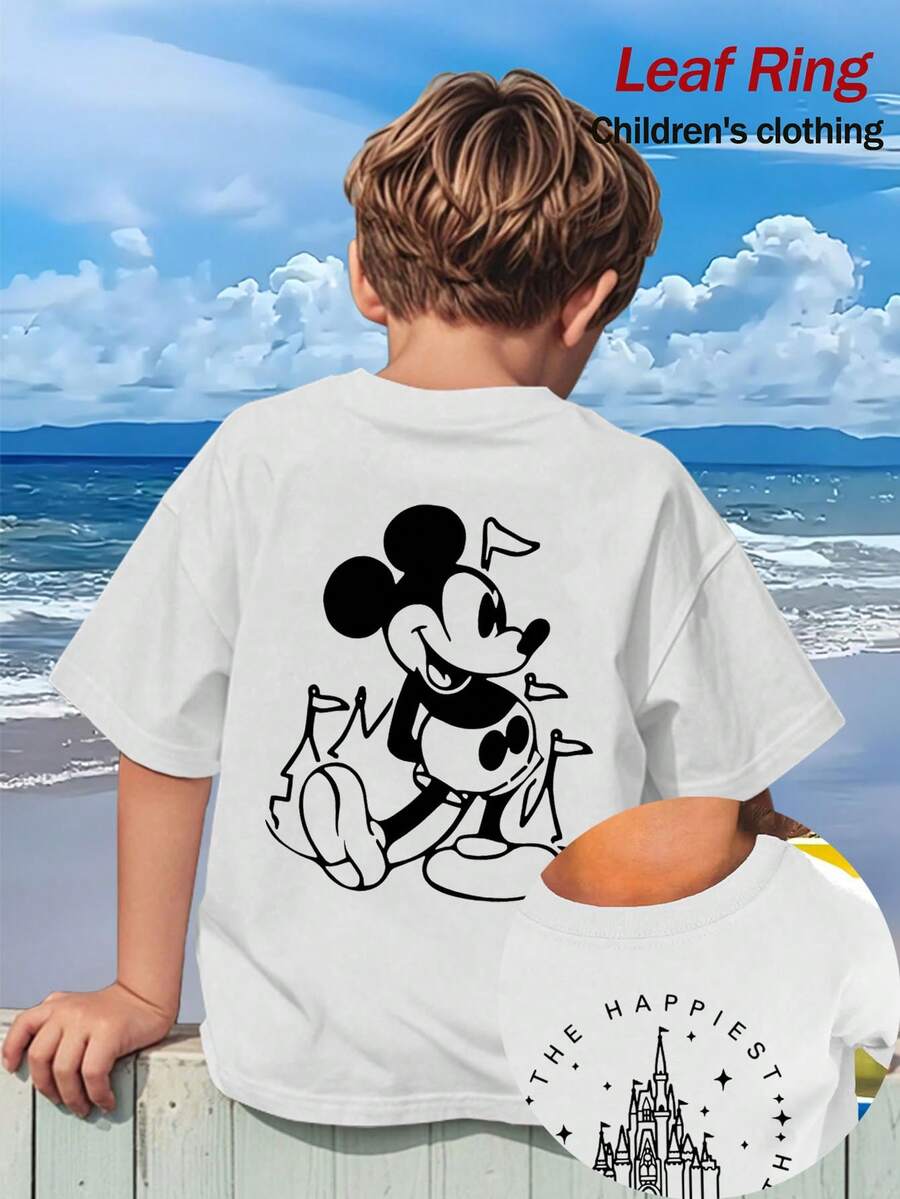Disney The Happiest Place On Earth - Castle Kids T-Shirt, Featuring Black And White Lines Of Mickey Mouse And The Silhouette Of The Castle, A Classic Element Combination T-Shirt Print Pattern Summer Tops,Short-Sleeved Casual And Cute Style  Children's Clothing Design, Boy Clothes For Kids ,Ropa Para Niños,Boy Clothes For Kids,Graphic Tee, Summer Clothes,Perfect For Cool Boy. Comfortable And Breathable Children's Short-Sleeved T-Shirt. Comfortable And Casual Wear All Year Round 180g Pure Cotton Children's Clothes,Comfortable & Lightweight, Iconic Print For Mix-And-Match Outfits,Suitable For Both Boys And Girls. - White - View 1