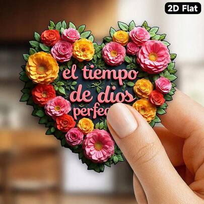 3.15-Inch 2D Acrylic & Rubber Magnet Floral & Heart Design, Inspirational Circular Artwork With Vibrant Yellow And Red Flowers, Suitable For Religious Beliefs