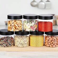 2 piezas de tarros de plástico transparentes, grandes contenedores redondos de plástico PET con tapas de rosca negras, recipientes de almacenamiento herméticos reutilizables, fáciles de limpiar, contenedores transparentes adecuados para la organización del hogar y la cocina - Negro - Ver 3