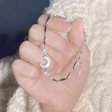 1pc Star & Moon Zirconia Bracelet, Unique Design Elegant Minimalist Bracelet, Delicate Star & Moon Pendant Bracelet, Suitable For Friends, Couples, Daily Wear, Dates, Flattering And Slimming - Silver - View 7