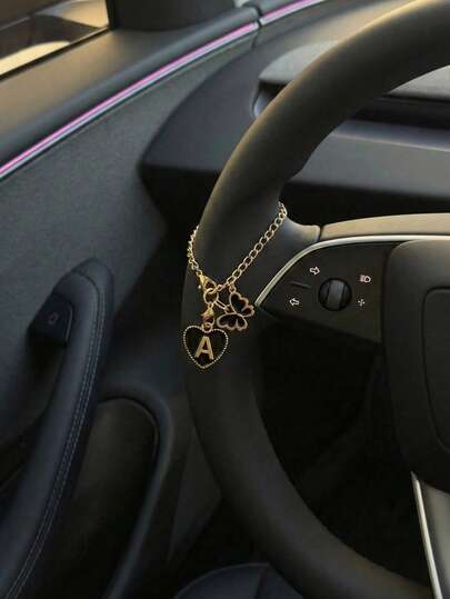Letter Heart Steering Wheel Decor, Cute Letter Butterfly Pendant Car Decoration, Adjustable Chain With Lobster Clasp Suitable For Rearview Mirror, Cup Holder, Keychain And Backpack Decoration, Fashionable Personalized Car Interior Accessories Gift