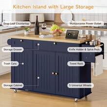 ONBRILL Blue 60" Kitchen Island With Drop Leaf, Rolling Kitchen On Wheels With Trash Storage Cabinet, Home Bar Islands Table With Spice Rack, Expandable Kitchen Island Cart With Towel Rack,  Mobile Island Table For Kitchen - Xanh đậm - Xem 3