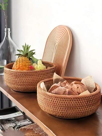 1pc Round Woven Storage Basket, Suitable For Vegetables, Fruits, Bread, Snacks, Can Be Decorated On Desk, Living Room, Bathroom, Kitchen Counter (Small/Medium/Large Size), Modern Boho Style Rope Plant Hanging Basket, Wooden Rattan Geometric Basket, Natural Metal Frame Accent, Suitable For Coastal Garden Decor