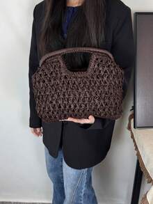 Natural Fiber Clutch Bag, Handwoven Raffia Straw Summer Beach Bag, 2026 New Design, Women Woven Vacation Handbag, Zipper Pouch - Coffee Brown - View 9