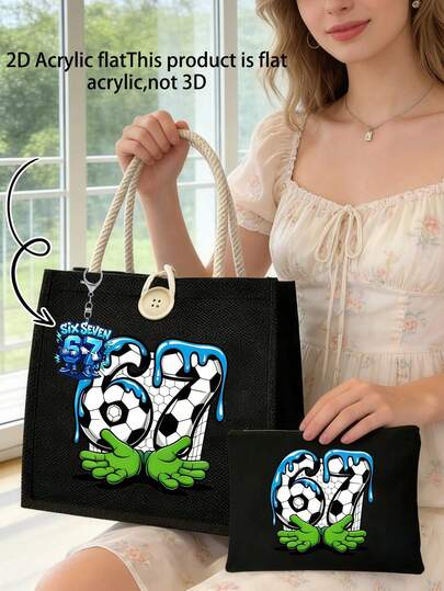 足球主题亚麻手提袋套装，含67种印花图案和亚克力吊坠 – 可重复使用轻便可折叠购物袋、便携礼品袋、简约收纳手提包，适合女性、青少年、女孩 | 情人节礼物，送给女友、妻子、姐妹、朋友 | 完美适用于体育迷、运动员、足球爱好者、比赛日、健身房、旅行、海滩、野餐、学校、工作 | 最佳购物袋，小巧可爱，是送给足球爱好者的理想礼物，也是节日必备、赠送朋友、派对用品、纪念品的绝佳选择