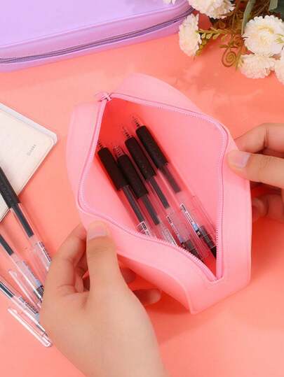 1pc Macaron Color Solid Simple Stationery Bag, Large Capacity Silicone Pencil Case, Student Portable Stationery Pouch, Storage Bag, Cosmetic Organizer Pouch, Toiletry Makeup Bag, Stationery Holder, Student Travel Simple Portable Pencil Case, Makeup Storage Pouch