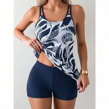 Two-Piece Tankini Swimsuit For Women, Featuring A Solid Color And Print, Perfect For Vacations And Beach Outings In Europe And America - Navy Blue - View 4