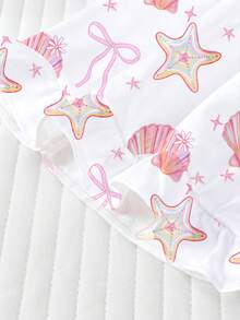 2pcs/Set Kids Colorful Seashell & Starfish Print Pajamas, Short Sleeve Shirt And Ruffle Hem Shorts Set, Ocean Theme Print With Gradient Seashell Rainbow Pattern, Suitable For Children And Teens Daily Wear, Vacation And Loungewear - White - View 7