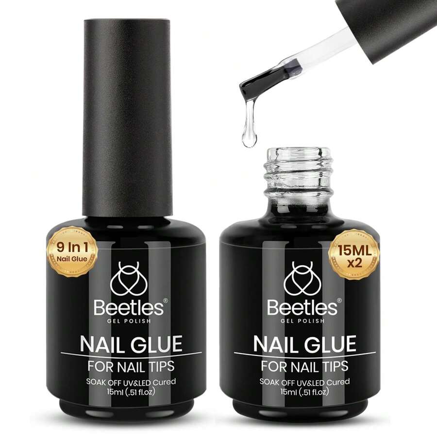 Beetles Gel Nail Glue, 9 In 1 UV Nail Glue For Acrylic Nail Tips, Super Strong Brush On Formula, Base Coat Gel, Ideal Gift For Women, UV LED Light Required - 2 lọ keo dán móng tay dạng gel 15ml - Xem 1