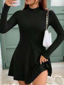 Cute Long Solid-Color Casual Dress, Spring-Autumn Style, Suitable Family Gatherings, Parties, Commuting, Dating And Dance Events. - 黑色 - 查看 5