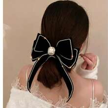 1pc Velvet Rhinestone Pearl Bow Hair Clip - Black - View 3