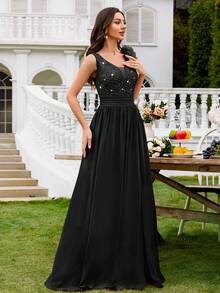 MIUSOL 亮片花卉蕾丝心形领口无袖荷叶边雪纺开衩长款正式派对礼服、晚礼服，适合婚礼宾客、毕业典礼、盛大晚宴等场合，黑色，夏季优雅 - 黑色 - 查看 7