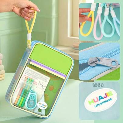 2pcs/Set Student Essential! Large Capacity Color Block Handheld Stationery & Document Organizer Bag, Dopamine-Inspired Colorful Design Back To School Stationery Storage Tote