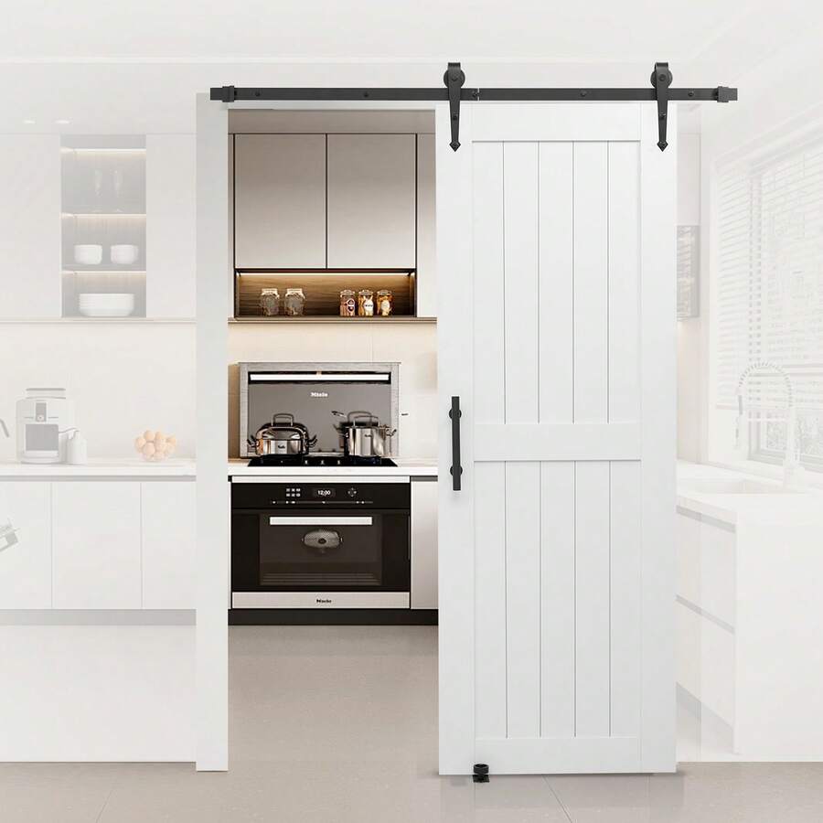 Schiebetür im Scheunenstil Schiebetürsystem (762 x 2134 mm) aus hochfesten MDF-Platten, Scheunentor mit Hardware-Kit & wasserfester PVC-Oberfläche & H-Rahmen für Wohnzimmer Badezimmer Weiß - Weiß, Verbundplatte, 76 x 213 cm - Übersicht 1