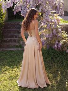 ADYCE Elegant High-Waist Fishbone High Slit Tie-Back Open Back A-Line Floor-Length Evening Gown, Suitable For Prom, Formal Dinner, Homecoming Party, Wedding Guest, Date Night - Apricot - View 2