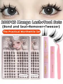 200 Clusters 2 Box Manga Lashes,4 IN1 Lash Bond And Seal, Glue Remover,Tweezer Lash Kit, Individual Natural Long Synthetic Faux Mink Volume Wispy Short Long Reusable Comfortable Seamless Synthetic Faux Mink Eye Lashes Cils For Home Party, Halloween,Valentine's Day, Traveling, Photoshoot, Festivals Makeup,Christmas - 黑色 - 查看 1
