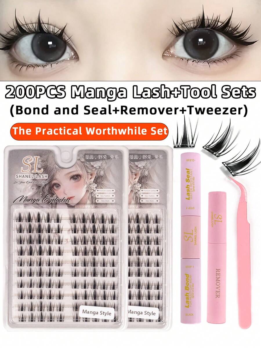 200 Clusters 2 Box Manga Lashes,4 IN1 Lash Bond And Seal, Glue Remover,Tweezer Lash Kit, Individual Natural Long Synthetic Faux Mink Volume Wispy Short Long Reusable Comfortable Seamless Synthetic Faux Mink Eye Lashes Cils For Home Party, Halloween,Valentine's Day, Traveling, Photoshoot, Festivals Makeup,Christmas - 黑色 - 查看 1