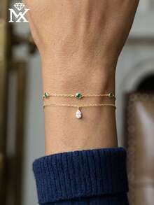 SYMFNY 1件925纯银壁龛式设计祖母绿圆形钻石+水滴形白色钻石精致链条手链，适合日常佩戴/派对晚宴 - 手鍊 - 查看 1