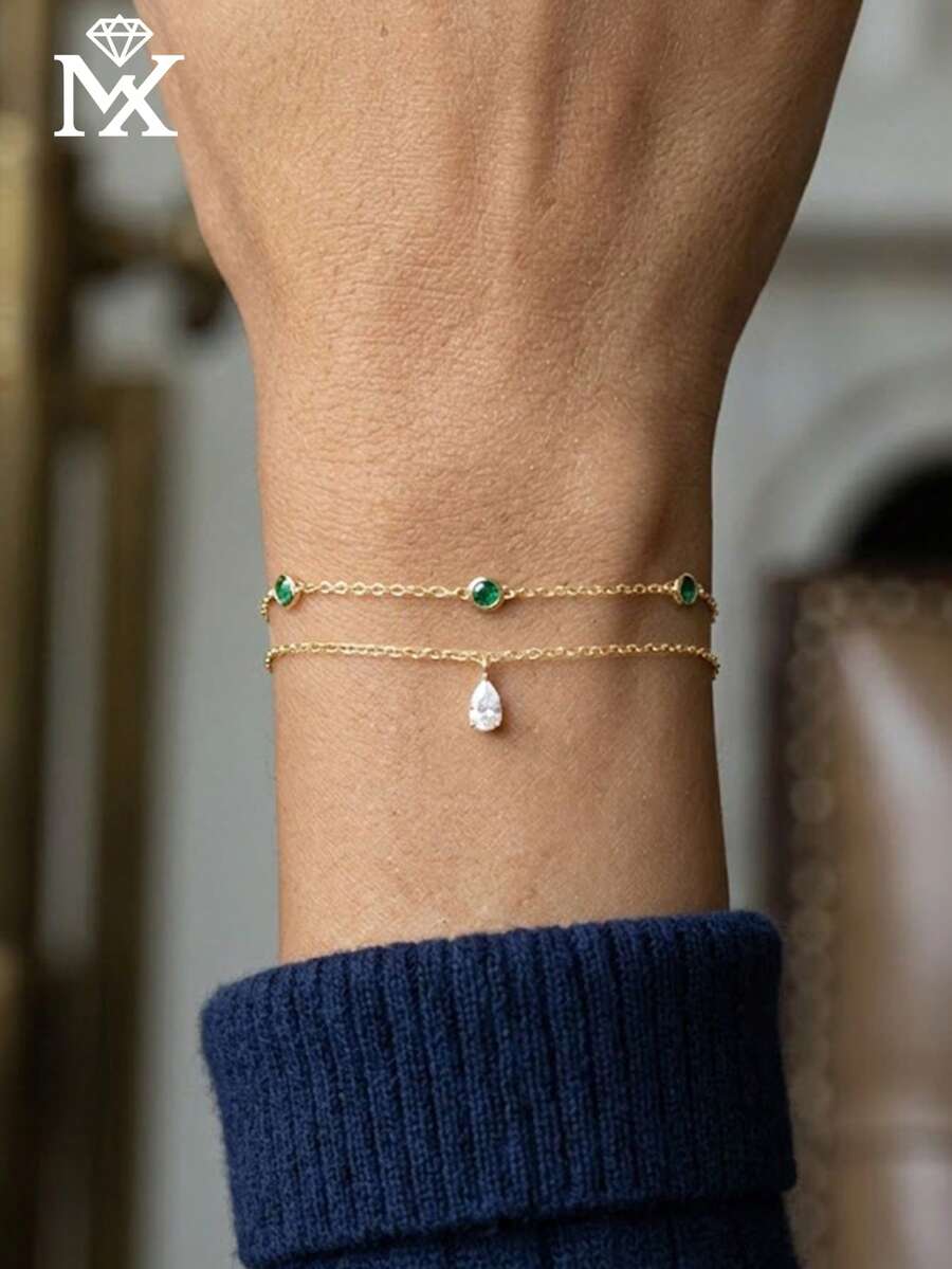 SYMFNY 1件925纯银壁龛式设计祖母绿圆形钻石+水滴形白色钻石精致链条手链，适合日常佩戴/派对晚宴 - 手鍊 - 查看 1