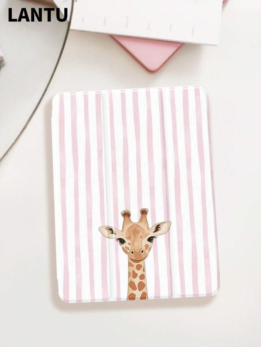 1pc Cute Bow Tie Giraffe Striped Pattern Tablet Protective Case, Compatible With Apple 10.2" / Pro 11" 2020/2021, (A16) 11" 11th Gen 2025, 9th/10th Gen, Air 4th 10.9", Galaxy Tab S6 Lite 10.4", /, Anti-Drop, With Pencil Slot, Support Sleep/Wake, Romantic Valentine's Day Gift - Multicolor - View 1