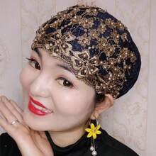 春夏新款女士休闲串珠蕾丝边头巾，妈妈帽，女士发套帽 - 多色 - 查看 8