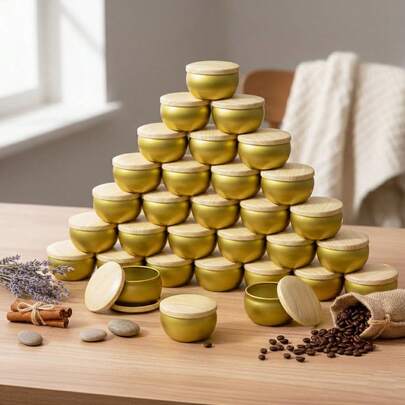 116pcs Gold Round Candle Jar Making Kit, Includes Wood Grain Lids | Multipurpose Mini Storage Jars And Candle Making Containers, Ideal For Party Favors, Home Decor. Great For Crafters And Home Decor Enthusiasts.