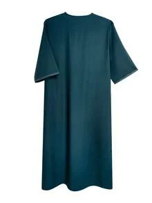 Men's Moroccan Middle Eastern Muslim Long Robe With Side Pockets, Islamic Clothing, Solid Color Thawb, Men's Pullover Gandoura - Dark Green - View 3