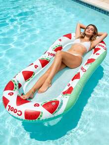 1个充气漂浮床，水果造型，西瓜和柠檬元素，带枕头设计，PVC材质，适用于水面、泳池、沙滩、主题派对，可用作充气水上漂浮物、水上休息座椅、充气漂浮物、游泳池充气筏，充气泵需另行购买。 - 西瓜檸檬躺椅 - 查看 4