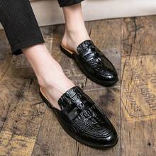 Men's Crocodile Leather Embossed Shoes, Shoes Style Flat Loafers, Heel-Less Shoes, Casual Office Slippers, Comfortable Loungewear Shoes, Men's Dress Shoes With A Rounded Toe, Half Slippers - Black - View 8
